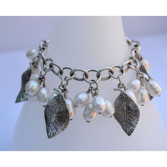 Silpada Cha Cha Sterling Silver Dangle Bracelet with Leaf Charms and Pearls - Picture 2 of 6